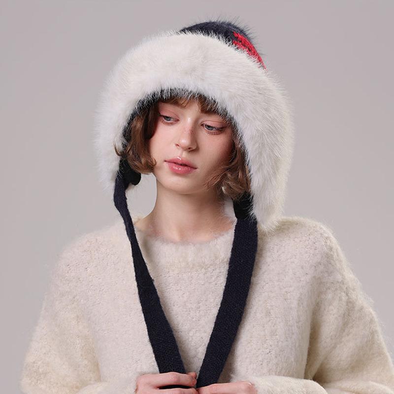 Women's Winter Retro Big Wool Collar Wool Hat Thick Ear Protection Knitted Hat