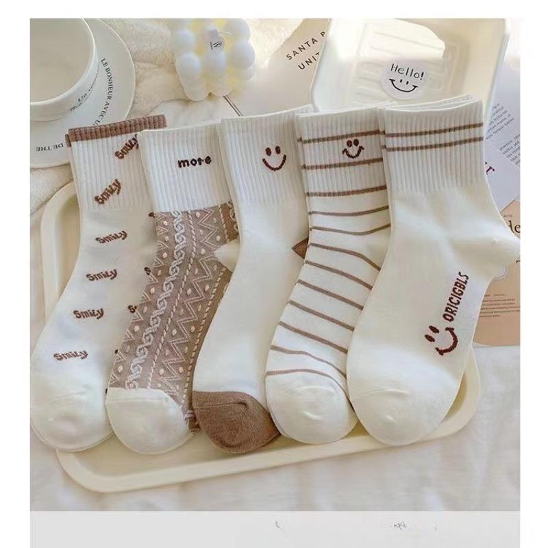 5 pares de lindos calcetines con estampado sonriente, calcetines deportivos cómodos y suaves, medias y calcetería para mujer