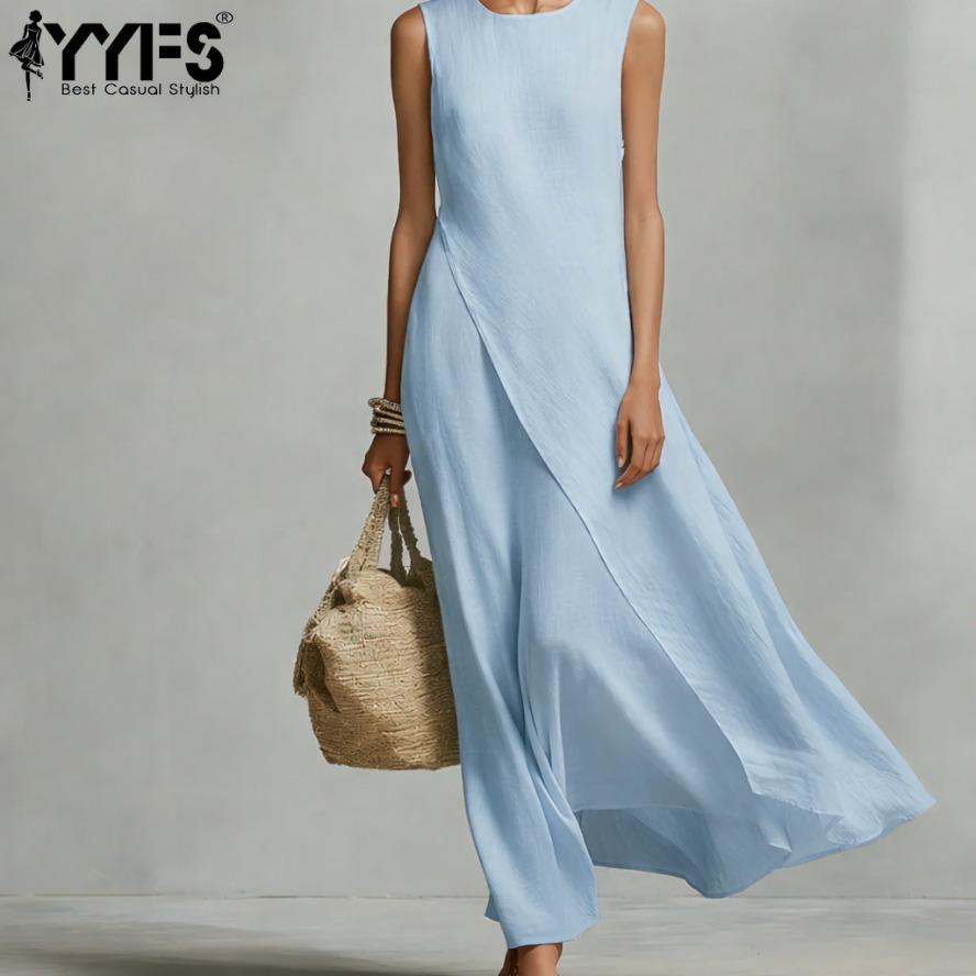 YYFS Women's Fashion Summer Spring Solid Color Print Sleeveless O-Neck Loose Waistline Casual Dresses