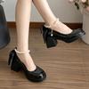 Fashion Silk Bowknot Chunky Heel Pumps Women Patent Leather High Heeled Mary Jane Shoes Woman Elegant Pearls Chain Party Princess Shoes