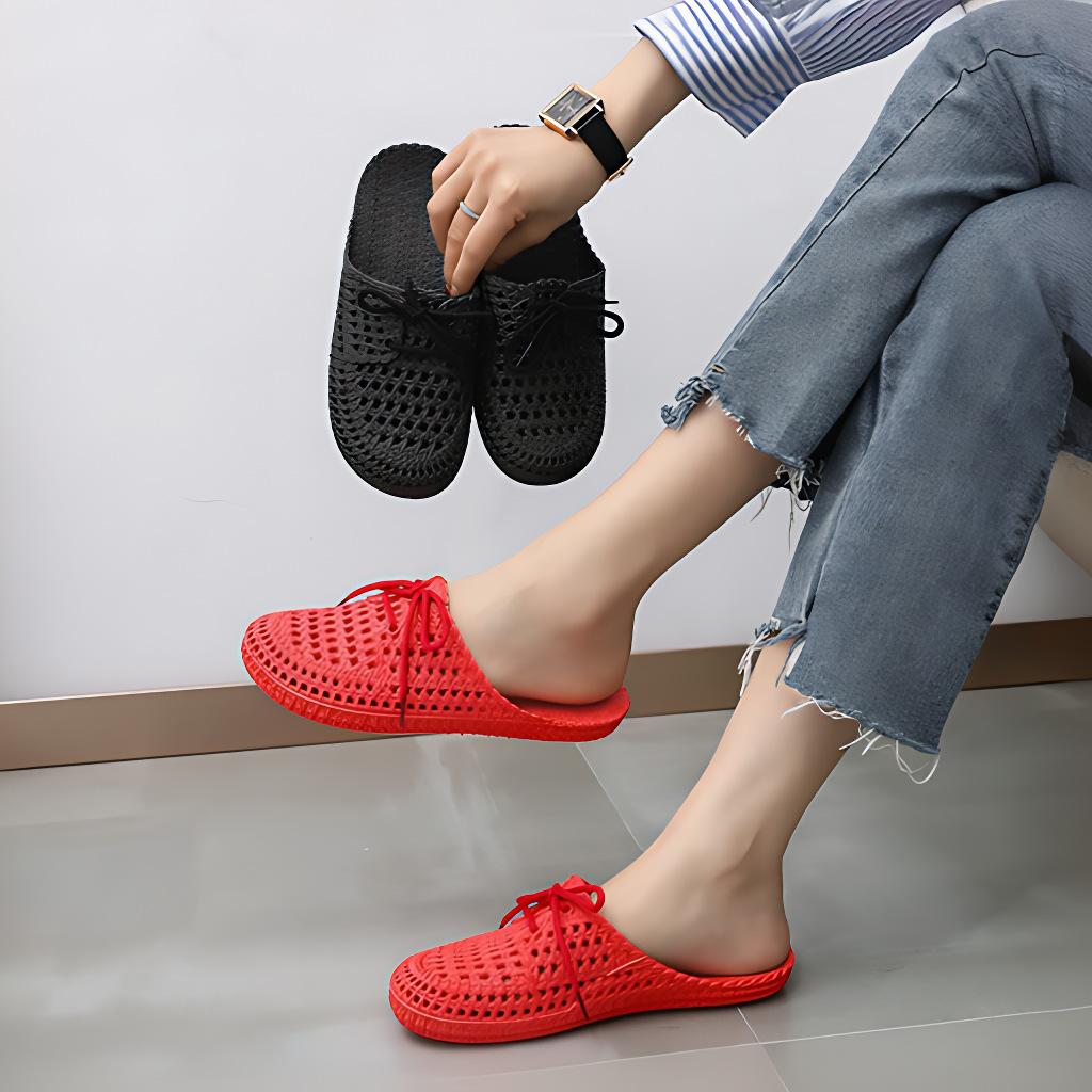 Damen Sandalen Sommer Hohl Zehenkappe Weibliche Flache Hausschuhe Outdoor Lässig Strand Einfarbig Atmungsaktiv Weich Damen Lochsandalen