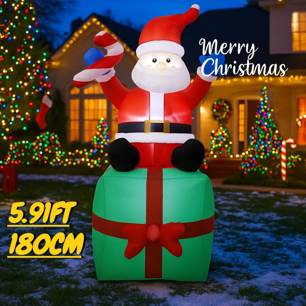 5.91FT Inflatable Mold Santa Gift Box Toy Xmas Yard Lawn Party Decoration Festive Gift LED Lit Christmas Supplies Home Ornament