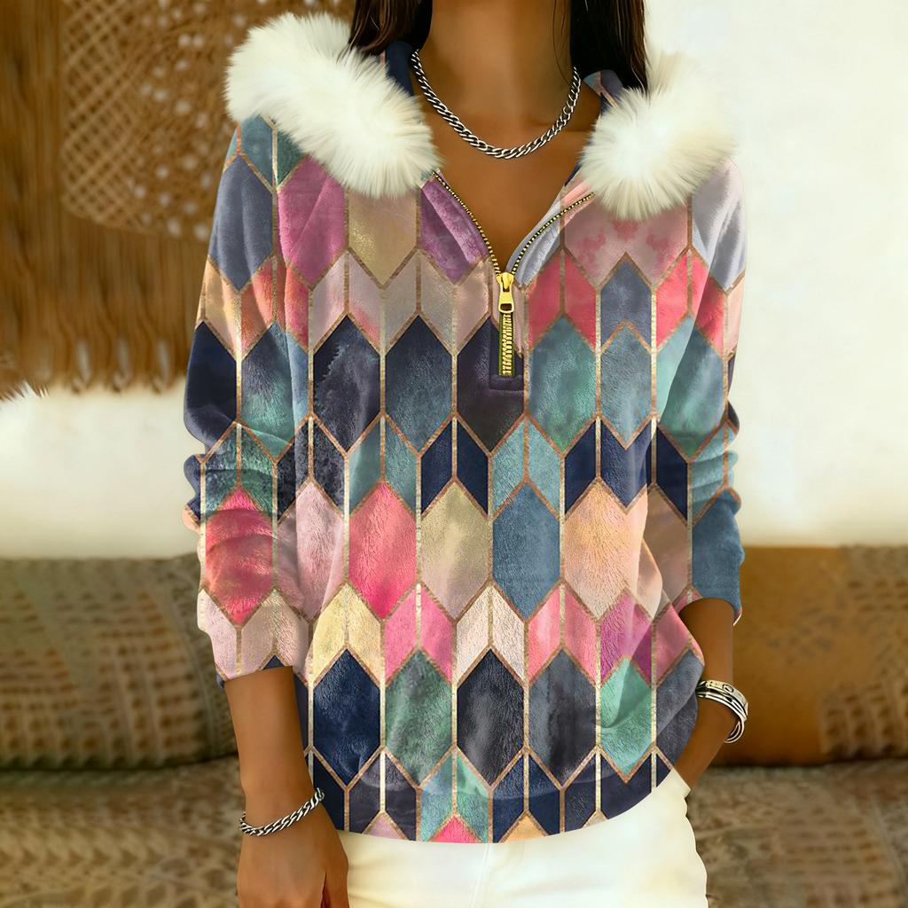 Women's Loose And Comfortable Casual Fashion Half-Zip Hooded Long Sleeve Conventional Printing Top