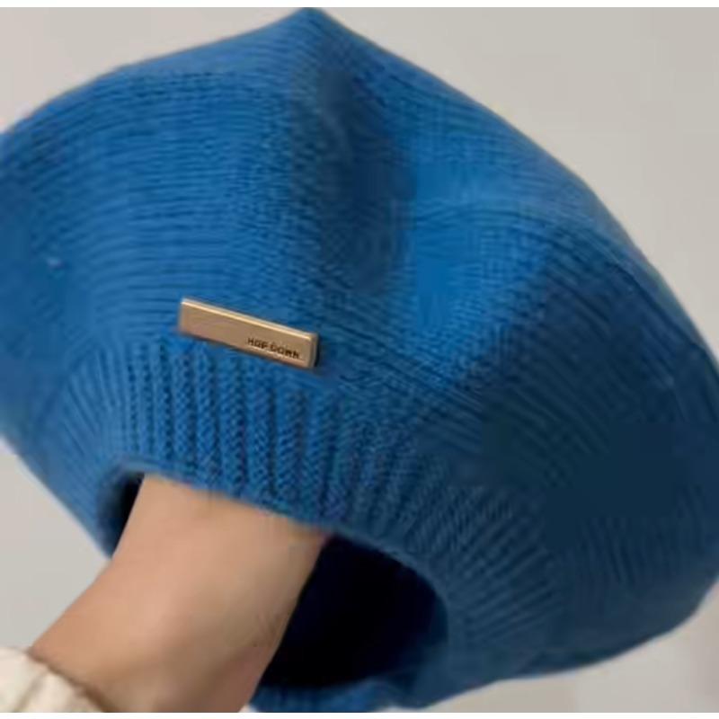 Rabbit Hair Beret Hat for Women Autumn Winter Korean Gray Painter Hats Retro Iron Logo Yarn Bud Caps