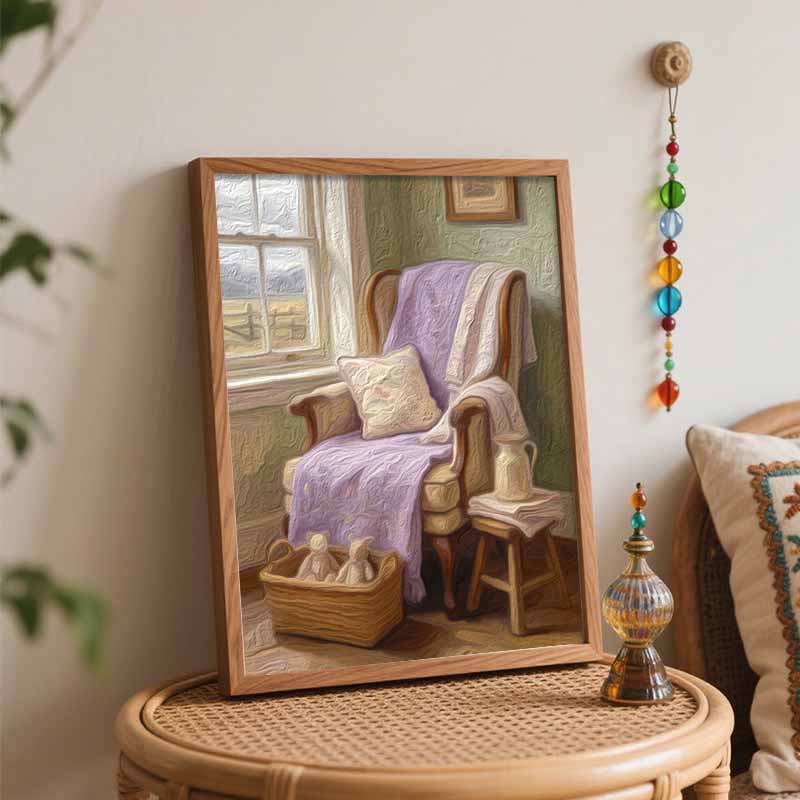 Digital painting kit oil painting cozy armchair with lavender flowers and rustic interior handmade DIY home decoration painting