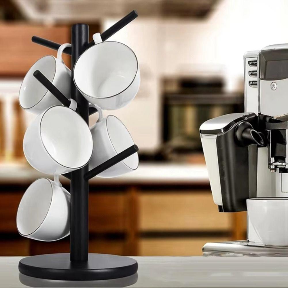 6 Hooks Bamboo Coffee Cup Holder Tree Shape Wood Material Coffee Cup Rack Sturdy Design Thickened Base Cup Storage Holder