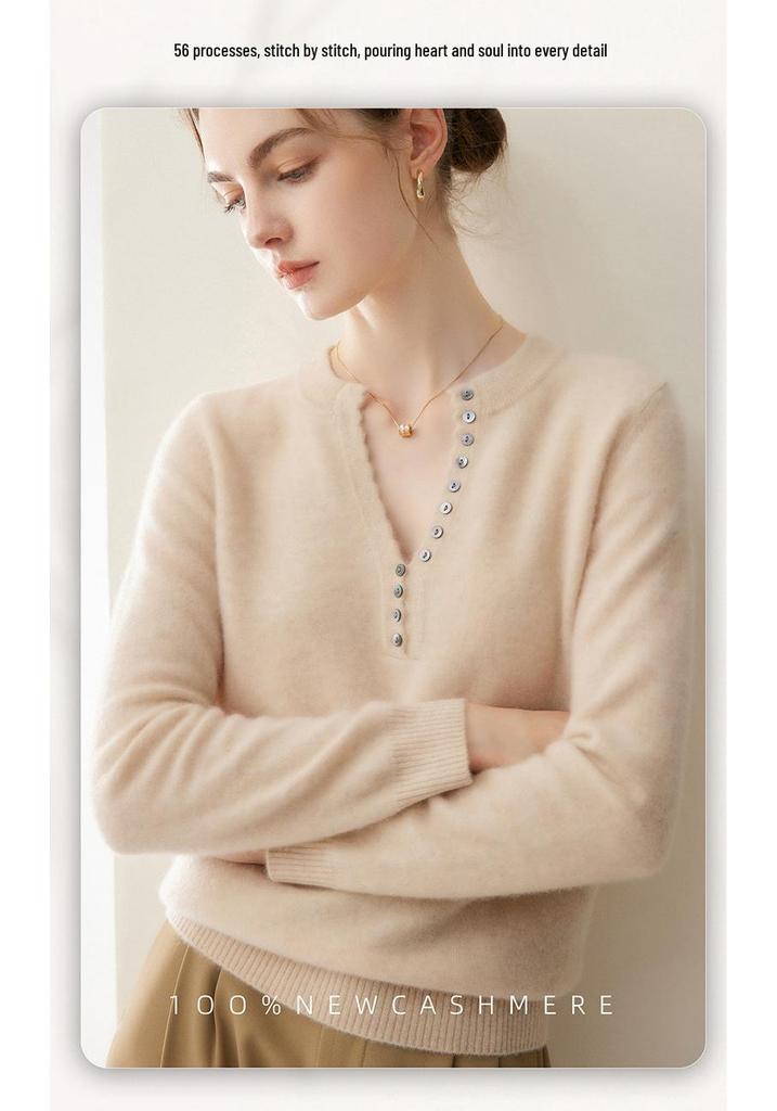 Women's Pure Cashmere Scissor Collar Knit Sweater - Autumn/Winter Loose Pullover Base Layer