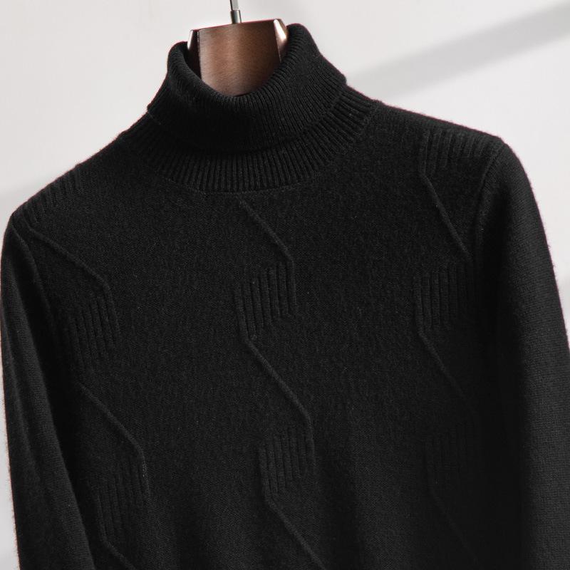 Suéter Masculino de Cashmere de Gola Alta com Fio Duplo - Grosso, Manga Longa, Tamanho Grande, Tricô de Cor Pura
