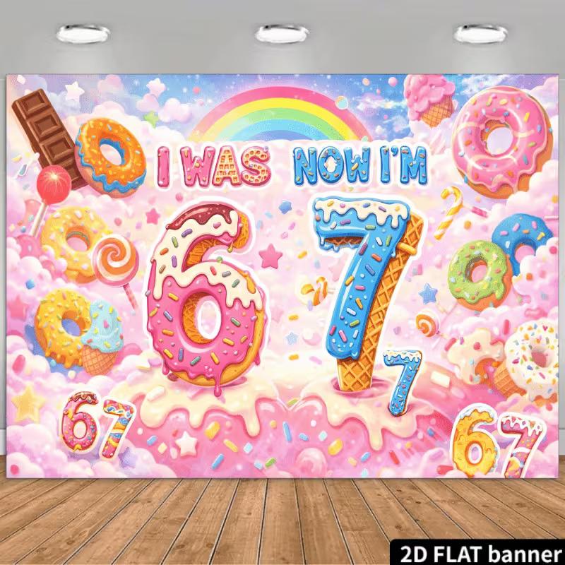 2D Sweet Donut 7th Birthday Backdrop I Was 6 Now I m 7 Party Background 47.2x31.5inch/120*80cm