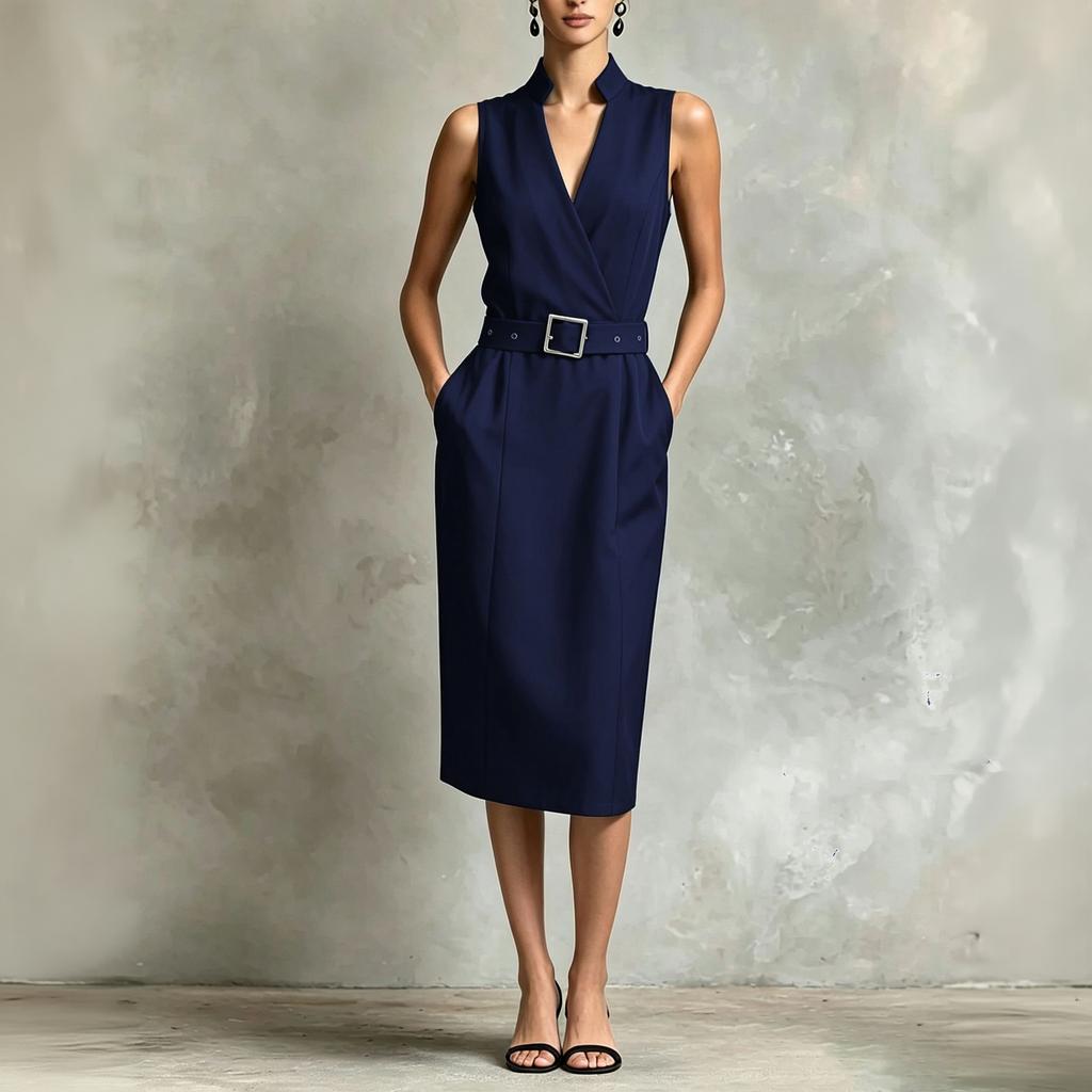Women's Sleeveless Dress with Pockets and Belt, Casual Summer Outfit