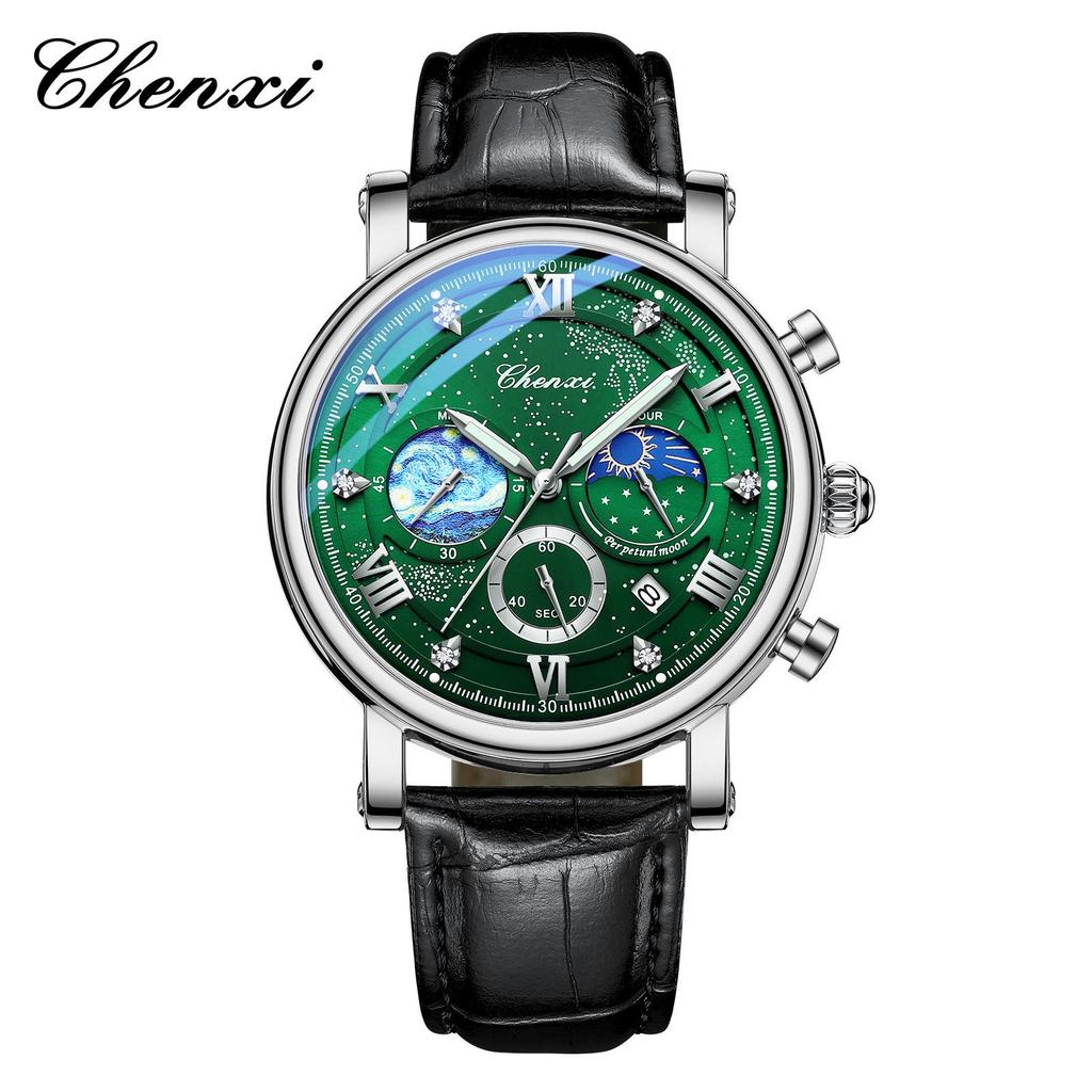 Dawn Sun Moon Stars Multifunctional Men's Quartz Watch with Luminous Moon Phase Chronograph