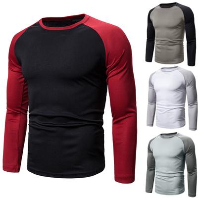 Men Fall Spring Top Round Neck Color Matching Patchwork Slim Fit Elastic Long Sleeve Stretchy Thin Men Sport Casual T-shirt