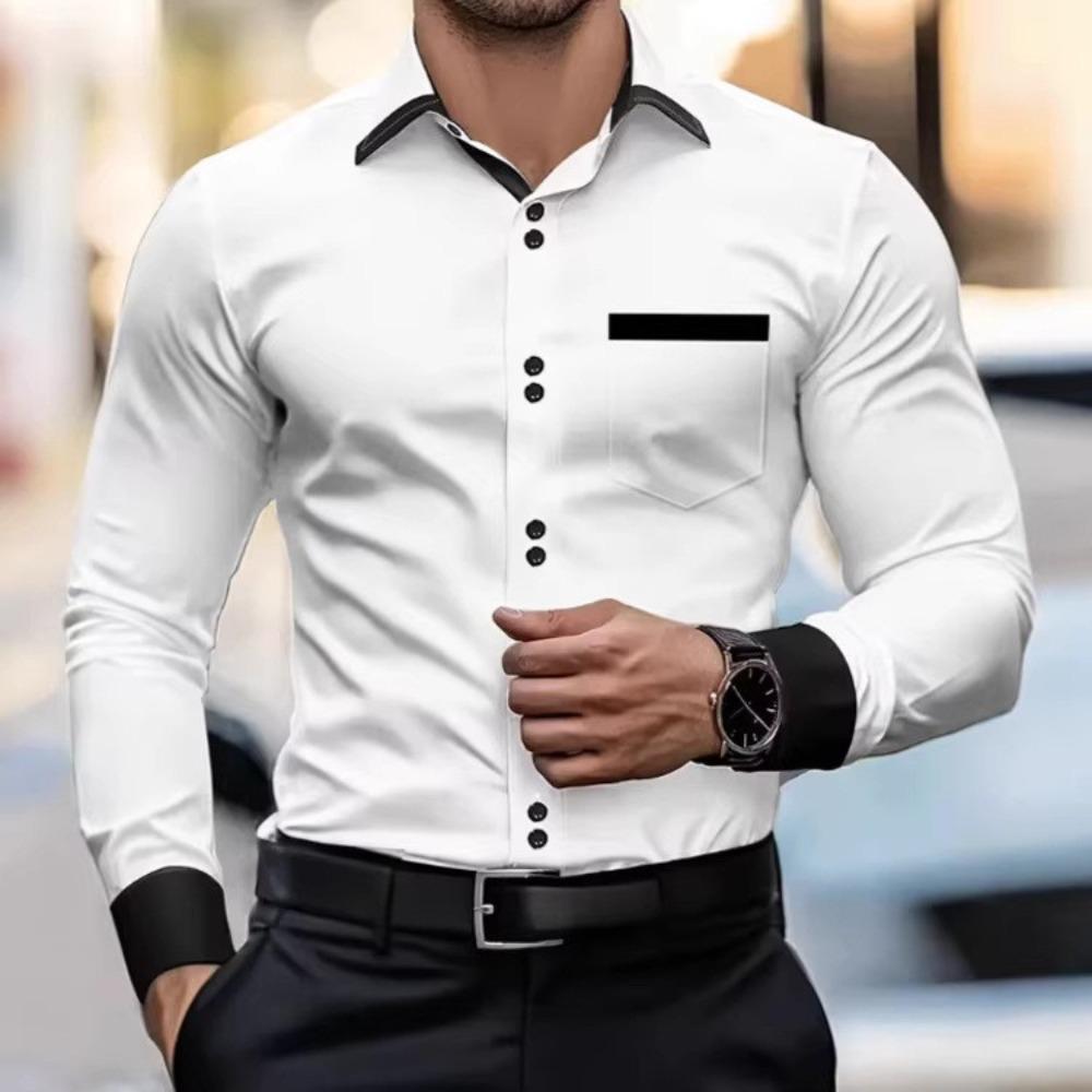 

Карманная строчка Мужская повседневная рубашка с длинным рукавом Весна Осень Мужская одежда Рубашка с воротником Топы S белый