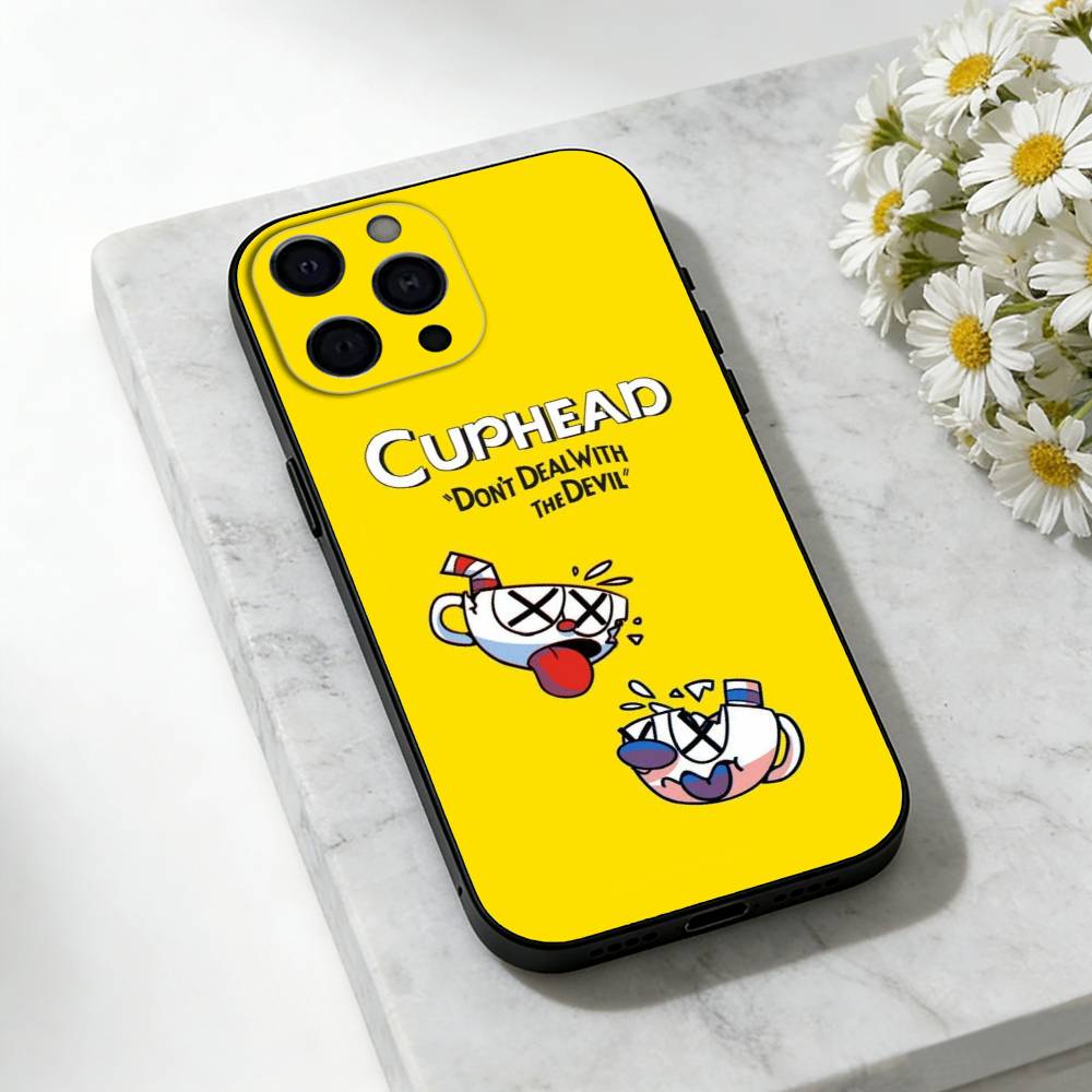 Cute CupHead And MugMan Phone Case For iPhone 17,16,15,14,13,12,11 Plus,Pro Max,SE4Soft Silicone Black Cover