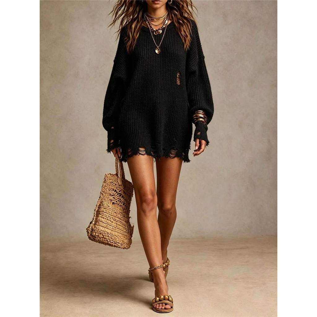 Damen Langarm Tunika Pullover Used Look Rissige Löcher Oversized Locker Gestrickt Jumper