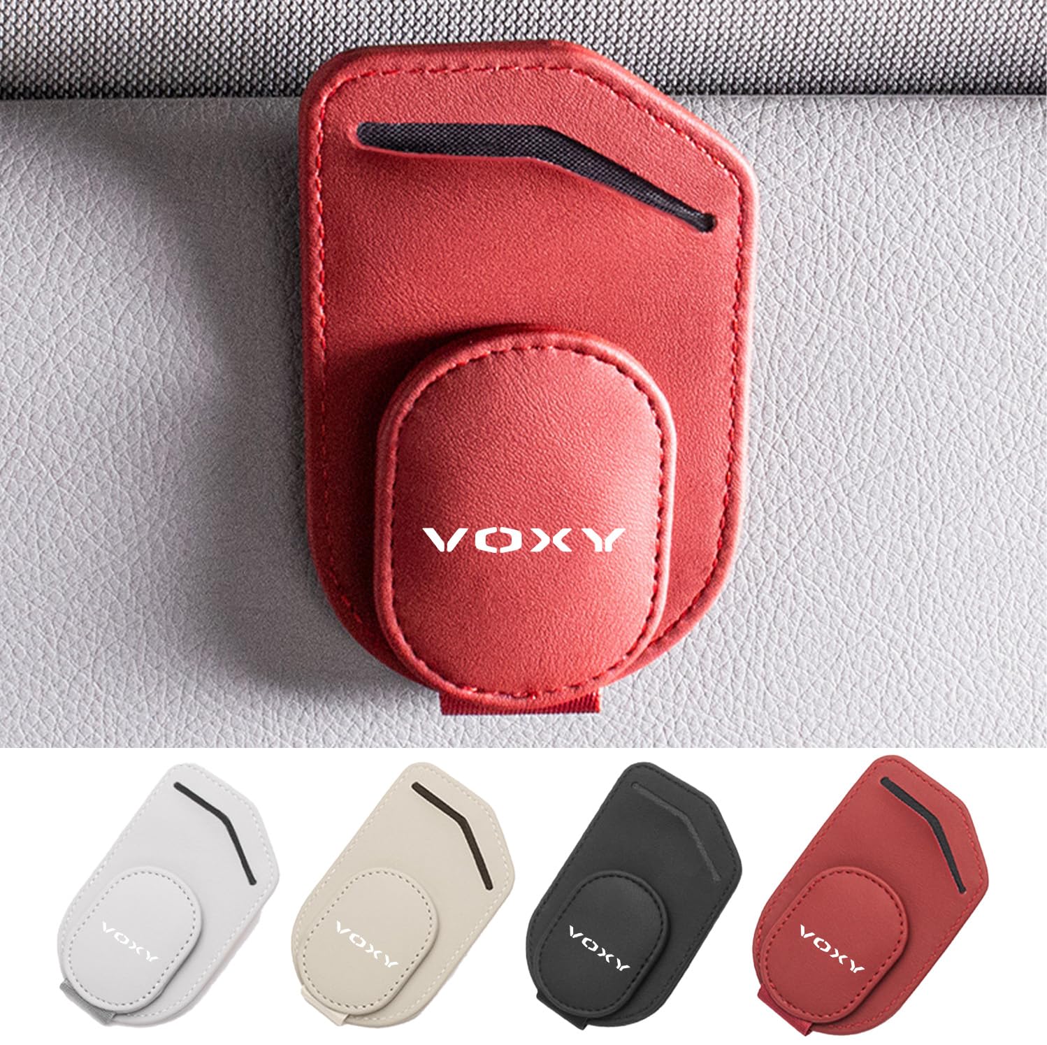 

VOXY Sunglass Holder for Cars, Sun Visor, Fits Glasses & Card Storage, Premium Leather Small червоний