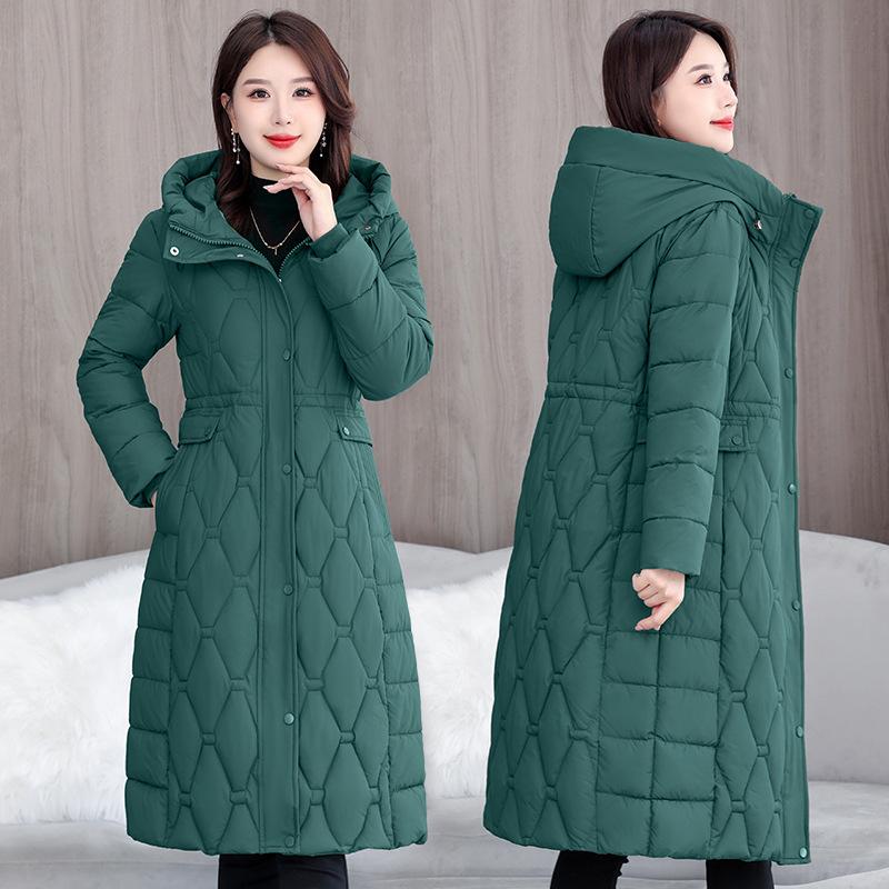European Station Fattening Plus XL Large Size Waist Fashion Cotton Clothes Women's Knee Long Rhombus Thickened Warm Cotton Clothes