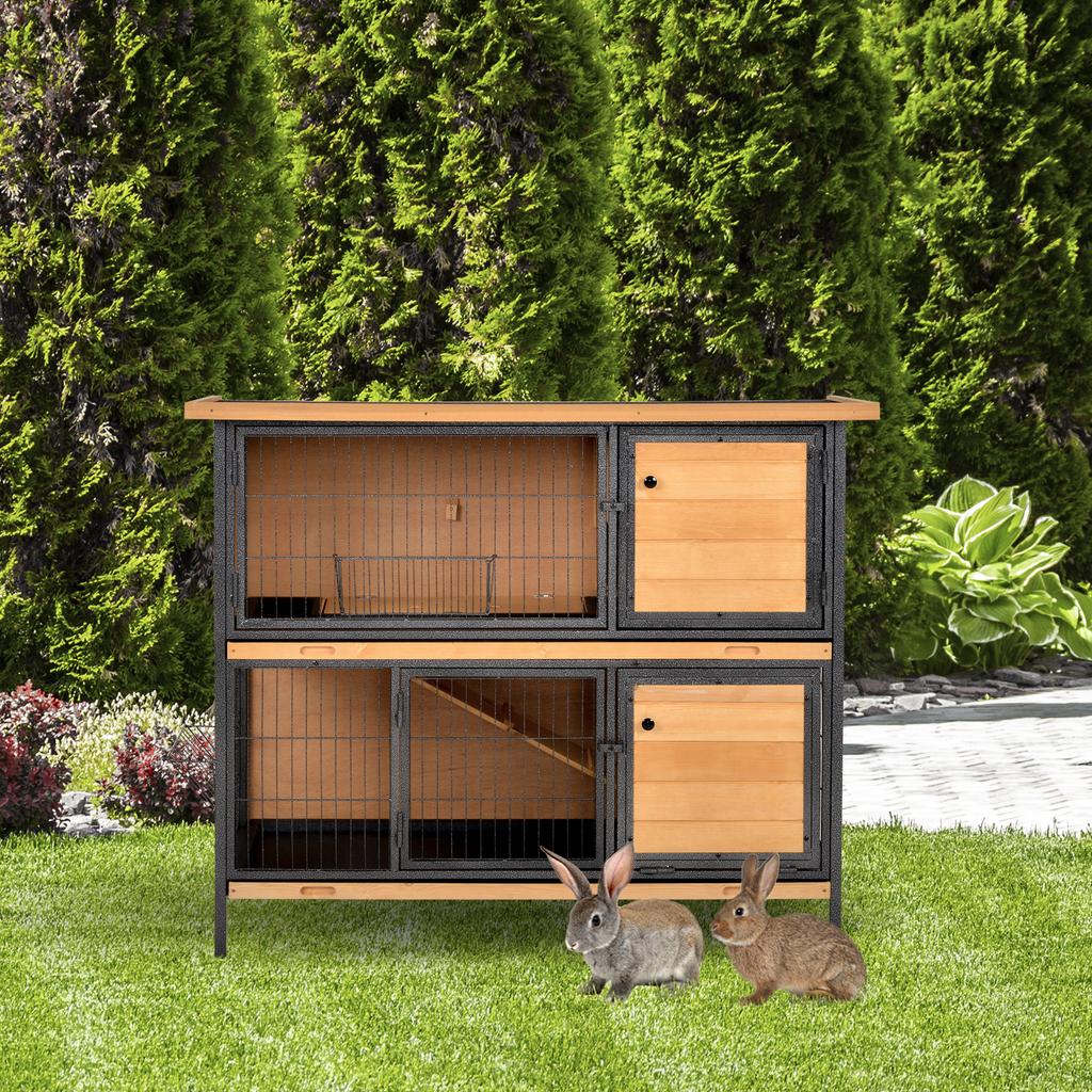 Outdoor Rabbit Hutch 2 Levels Asphalt Roof 4 Lockable Doors 122 x 50 x 101 cm Natural Wood Black