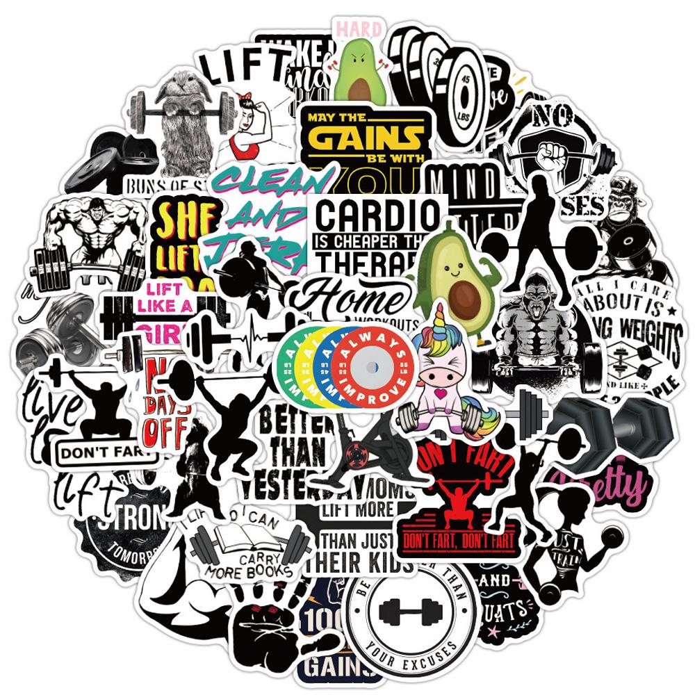 10/30/50pcs Sports Gym Fitness Inspirational Phrase Stickers Cartoon Graffiti Sticker Water Bottle Phone Luggage Decals Packing