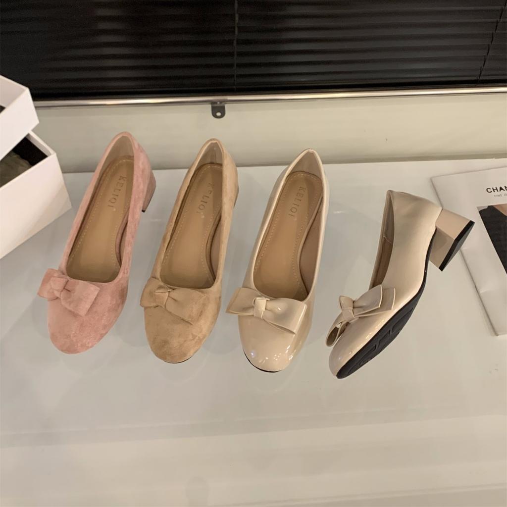 French medium and high heel pink suede single shoes women's shoes 2025 new spring and autumn bow with skirt evening shoes