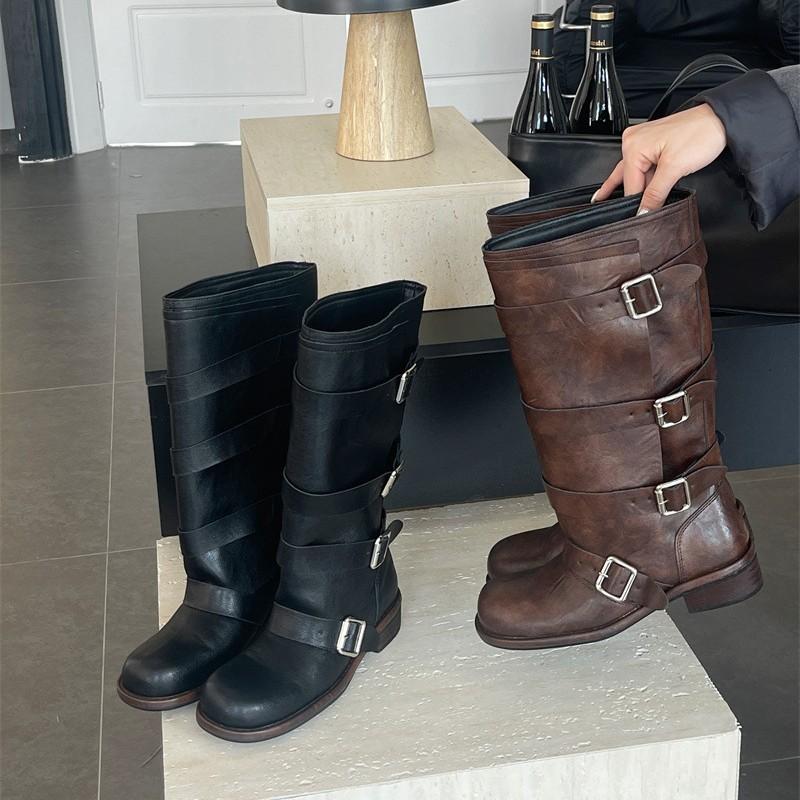 Edition Wide Knight Boots Women's Boots 2025 New Low Heel Belt Buckle Western Wasteland Wind Boots