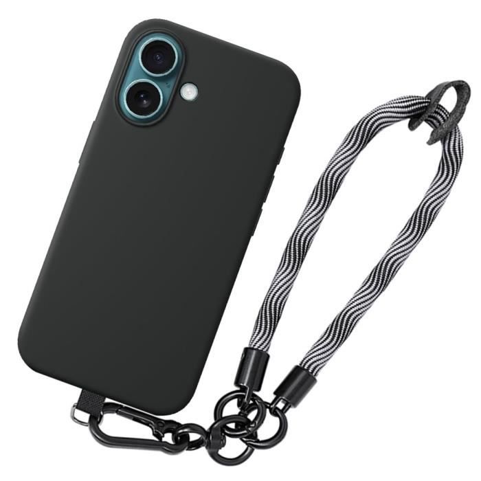 Coque pour iPhone 16 Plus - Antichoc - Noir - Bracelet Amovible - Cordon Durable - Souple