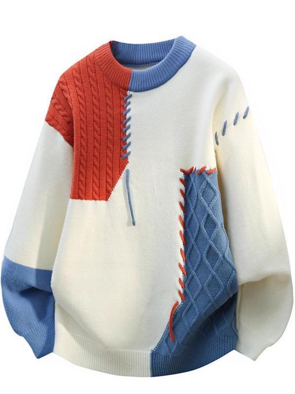 A/W 2025 Color Block Knit Sweater - Casual Couple's Round Neck Top