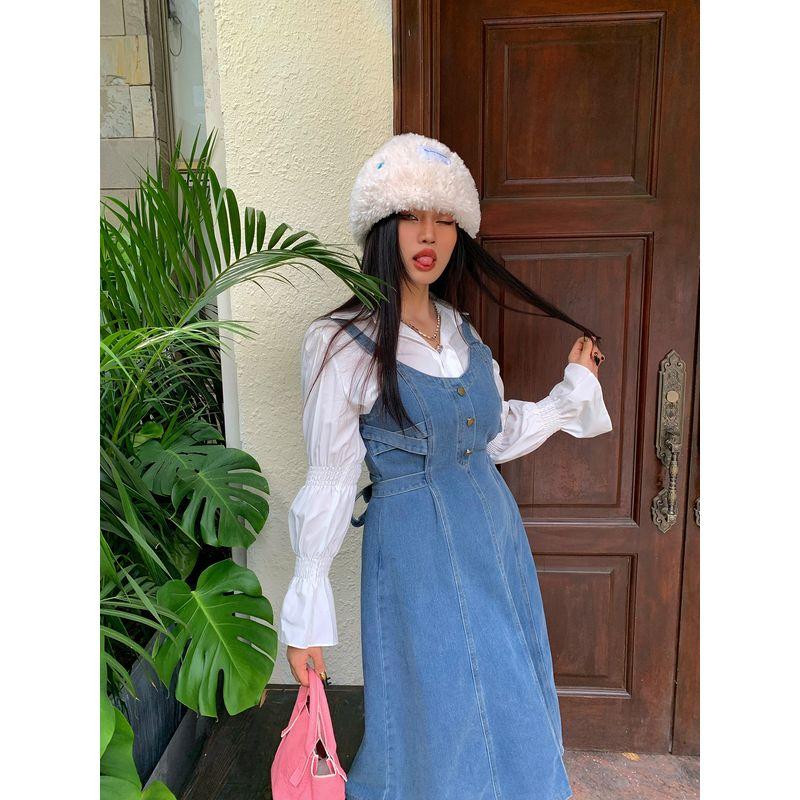 

Brother Nan Loose-Fit Denim Dress Women s Autumn and Winter Plus Size Plus Size Ladies Tight Waist Street Slim Looking Suspenders Long Skirt Shirt 3XL