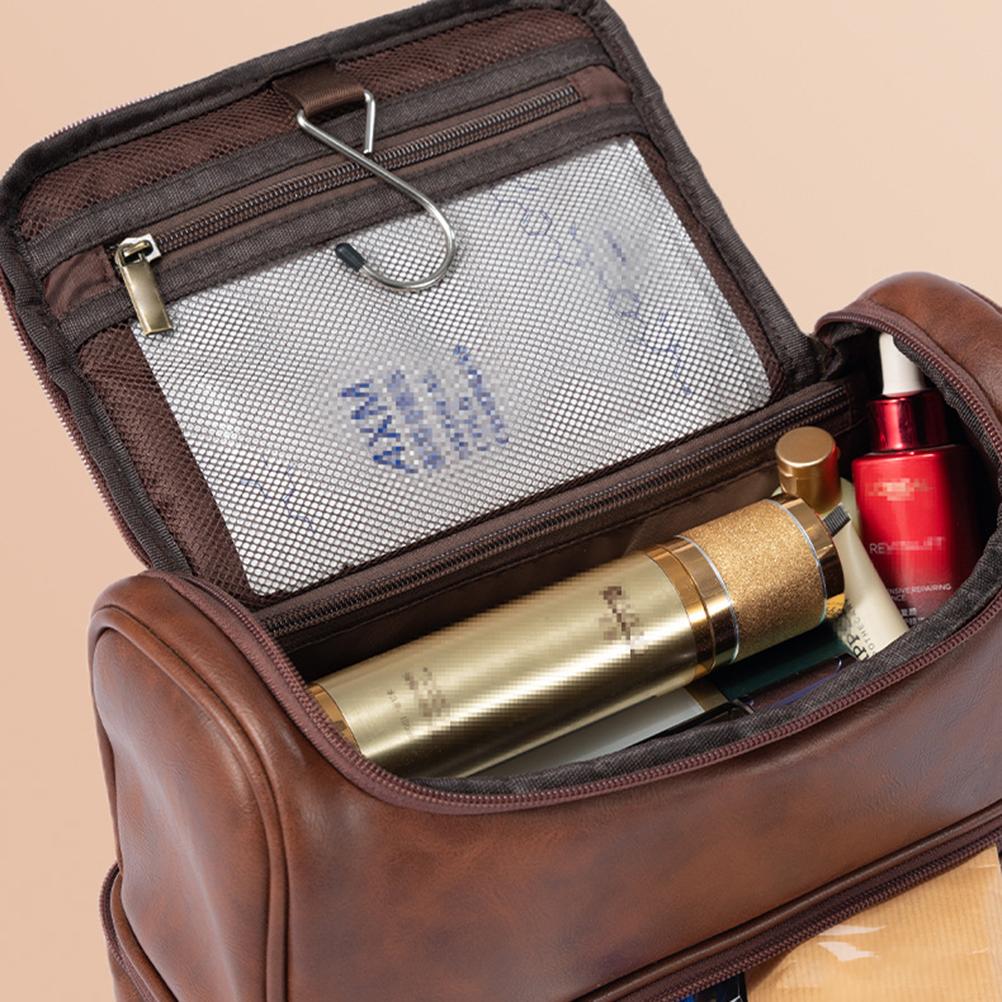 Ladies Handbag Leather Toiletry Bag Large Capacity Travel Organizer Bag with Hanging Hook Bathroom Shaving Bags