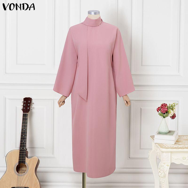 

VONDA Overszied Women Tie Neck Long Sleeve Loose Casual Long Robe Dress розовый