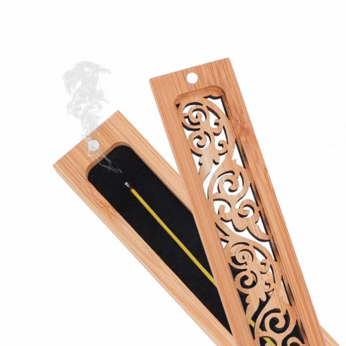 Horizontal Incense Burner, Incense Stick Burner, Incense Dishes, Made of Camphor Bamboo with Non-flammable Cotton and Lid, Wooden Incense Burner, Open