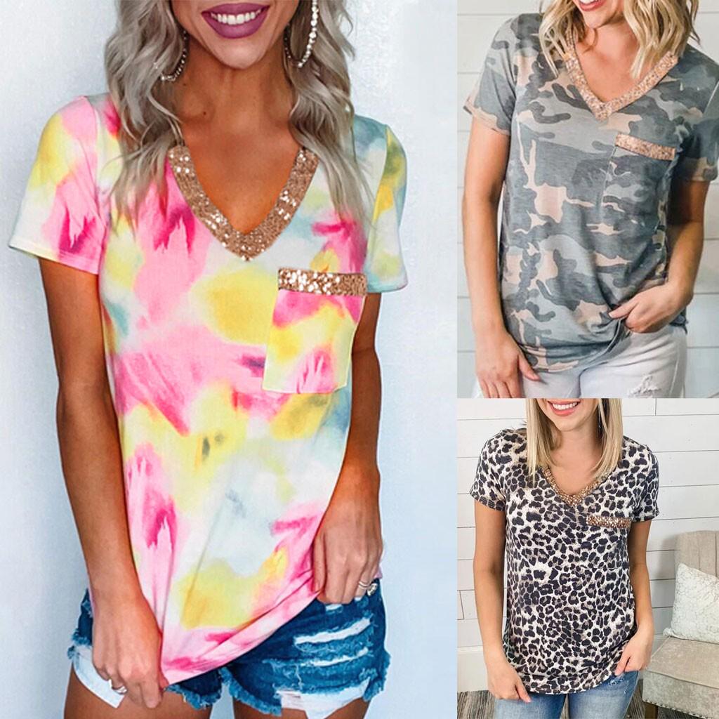 

женщины случайный леопард печати T Рубашка Мода блестки V-Neck Короткий рукав Tee Tops