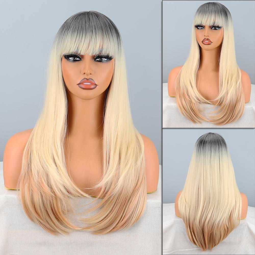 MISSQUEEN Women Long Layered Light Brown Ombre Wig with Bangs Synthetic Fiber Natural Straight Daily Wear Cosplay Wig