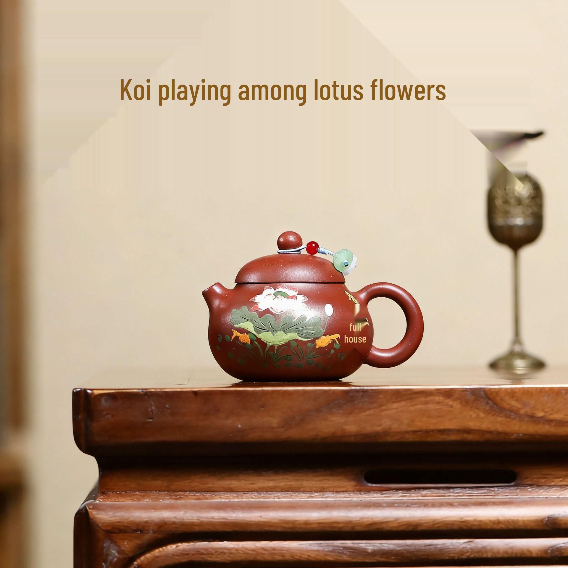Cipher Yixing Da Hong Pao Handmade Koi Lotus Teapot Kung Fu Tea Set 140 CC