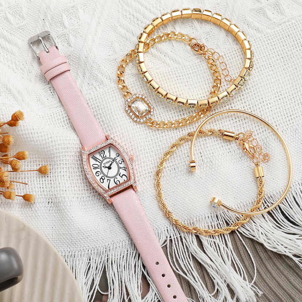 No Gift Box Simple and Fashionable Diamond Surface Leather Belt Watch   Crystal Diamond Bracelet 5 Pieces Set