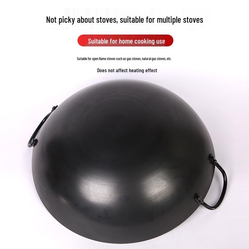 Classic Cast Iron Wok with Stainless Steel Lid - No Coating, Double Handle, for Restaurant Use