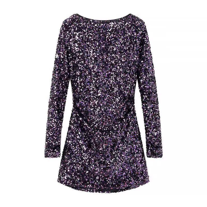 

Sequin Sexy Goddess Party Battle Robe Fancy Mysterious Purple Bare Back Sequin Long Sleeve Narrow Dress Mysterious Purple Sequin Dress XL