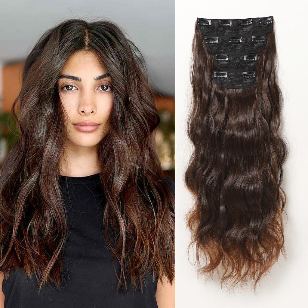 22Inch Black Synthetic Hairpieces 4pcs Long Wavy Hair Pieces 11 Clips in Hair Extension Natural Looking Heat Resistant for Women