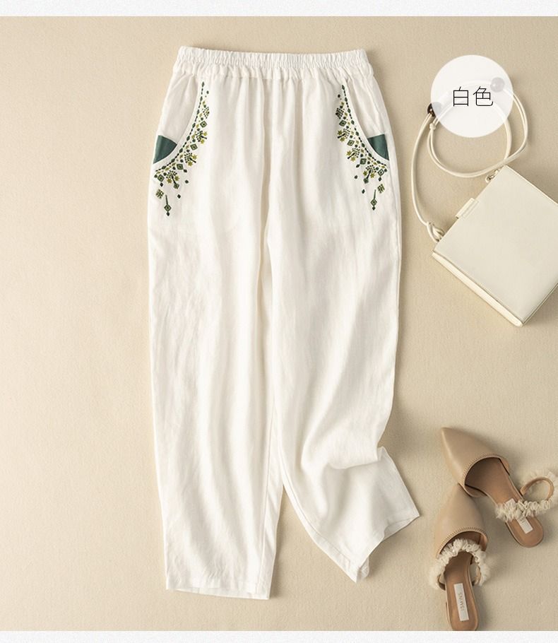 Letní bavlněné a konopné vyšívané kalhoty Elastický pas Harémové kalhoty s kapsou Volné ležérní kalhoty