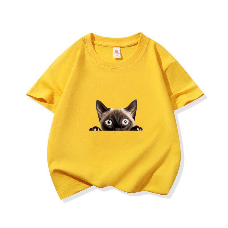 Kids Cotton T Shirt Peeking Cute Cat Pattern Print Crew Neck Short Sleeve Tee Casual Breathable Boys Girls Summer Tops