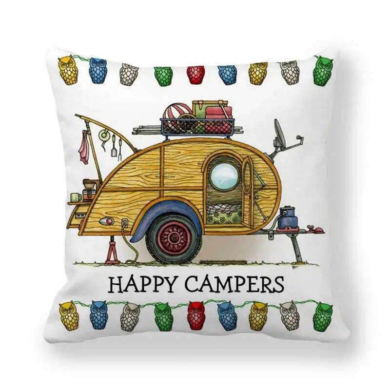 Happy Camper Pillow Case Owl Camper Throw Pillow Case Cover Decorative Pillowcases 45*45CM Car Pillowcase Hoofdkussen