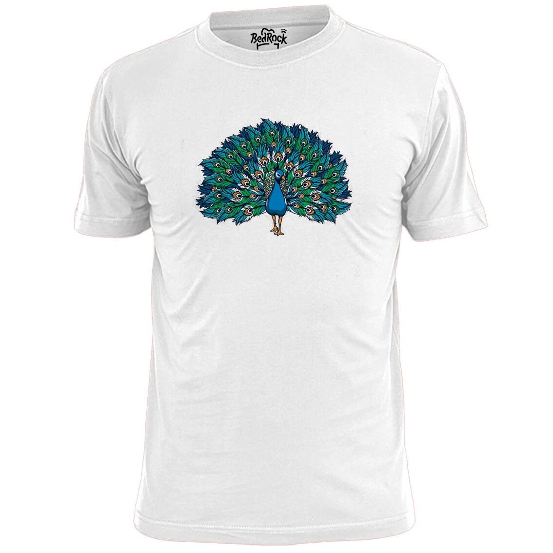 Mens Colourful Peacock Bird T shirt Wildlife Ornithology Twitcher L
