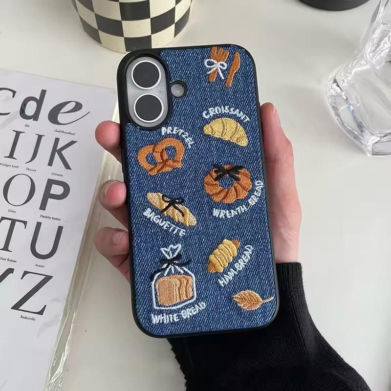 Retro Denim Embrpoidery Bread Toast Warm Fabric Phone Case For iPhone 17 Air 16 15 14 13 Pro Max Lovely Back Cover