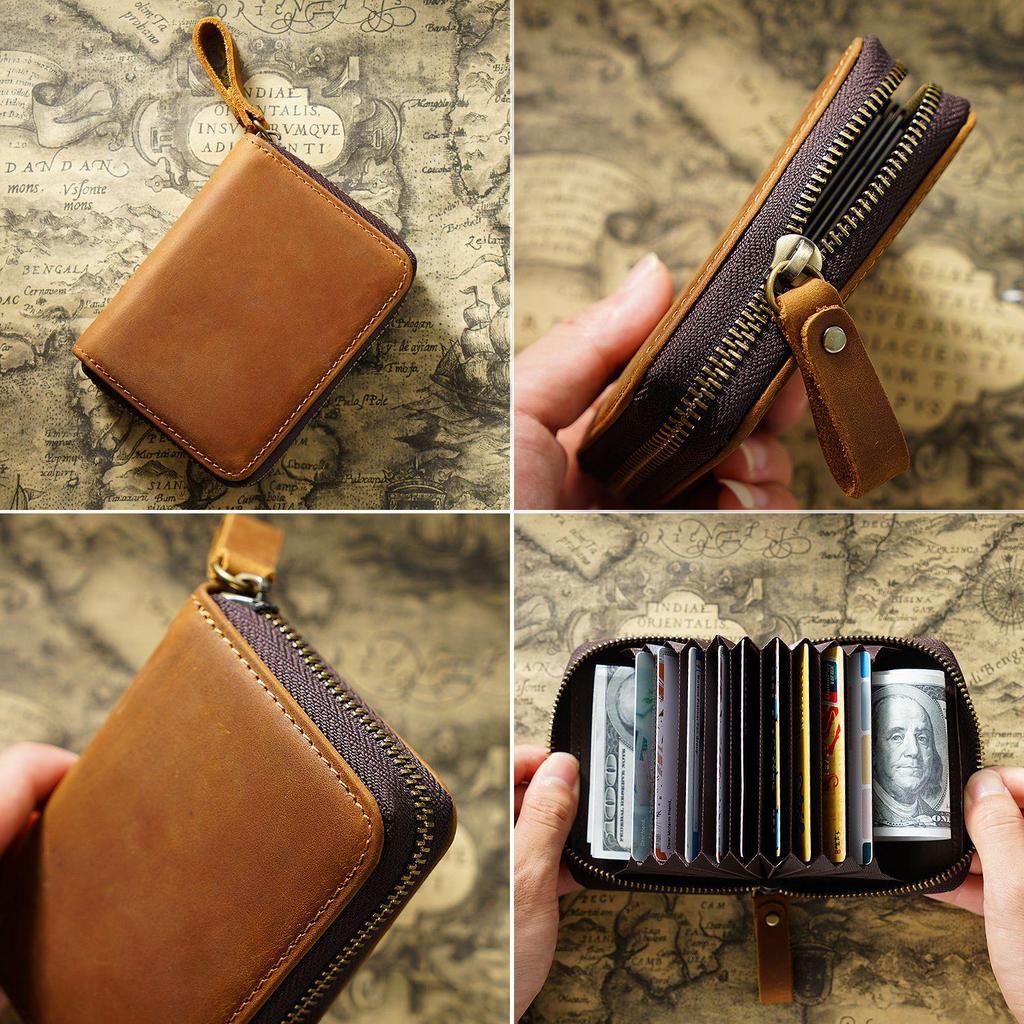 Genuine Leather RFID-Blocking Accordion Card Holder with Multi-Card Slots & Retro Coin Purse