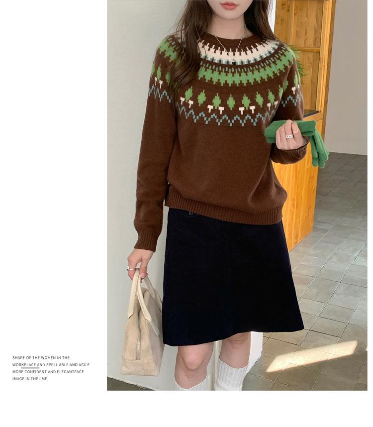 100% Wool Women's Fair Isle Jacquard Sweater - Solid Color, Round Neck, ThickenedVersatile Base Layer