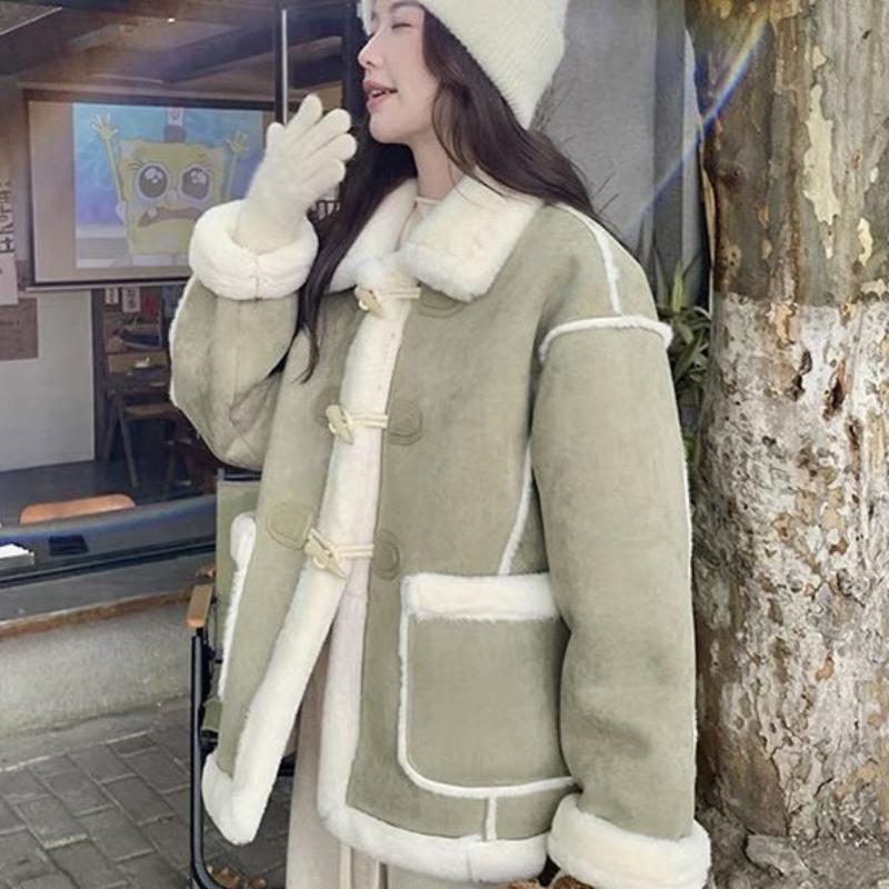 Corner buckle suede fur integrated lamb plush jacket women's new winter thickened warm cotton clothes