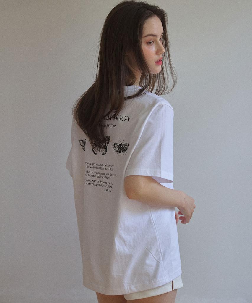 LETTER FROM MOON Triple Butterfly Embroidery Oversized Short Sleeve T-Shirt (White)