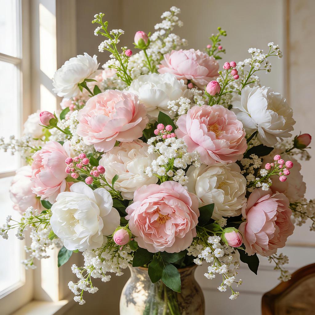 Prachtig Nieuw Gemengd Kunstbloemen Boeket van Roze en Witte Pioenen Geschikt voor Bruiloften, Huis, Tuin en Tafeldecoratie