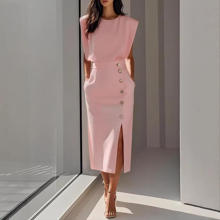 Cross-border Europe, America and  Amazon Fashion Apricot Round Neck Waist Split Button Summer Dress Women