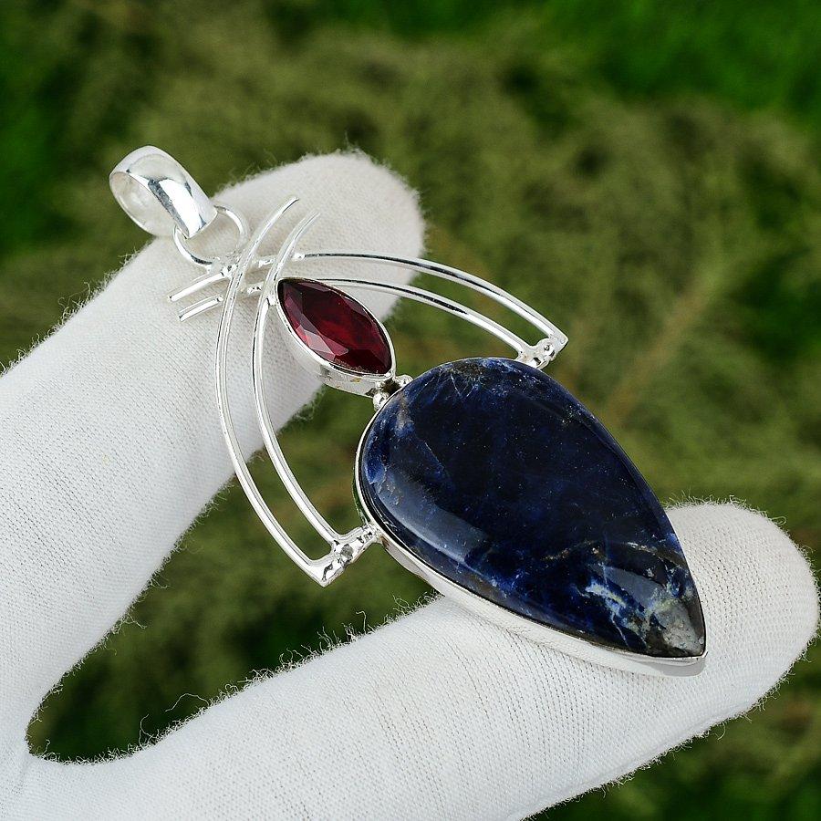 Friendship Day Deal Sodalite Gemstone Garnet 925 Silver Sister Bezel New Pendant